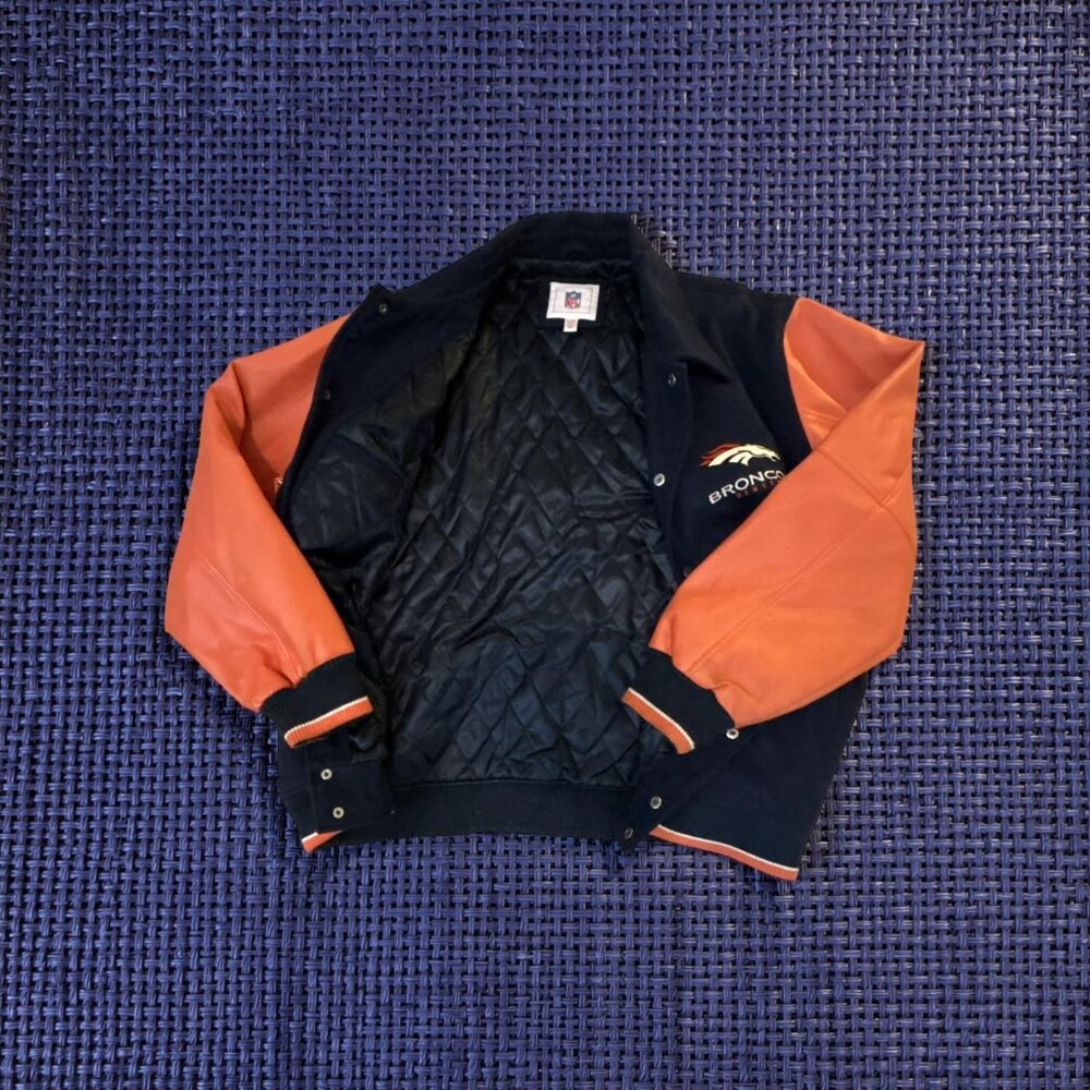 Rare Vintage Denver Broncos Varsity Jacket Mens L NFL Taeam Navy Orange Wool